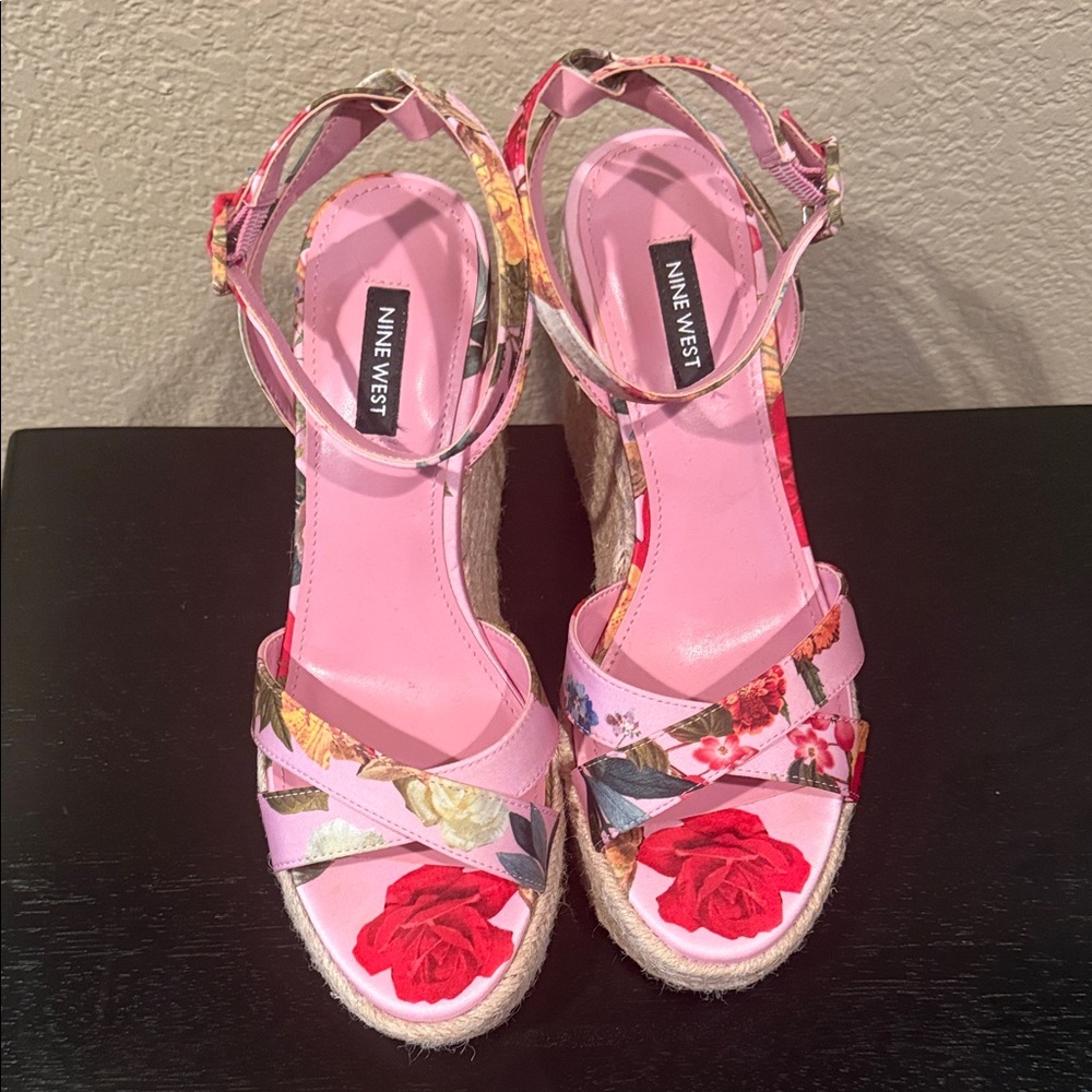 Nine West Floral Espadrille Wedges - Pink and Red - Picture 2 of 4
